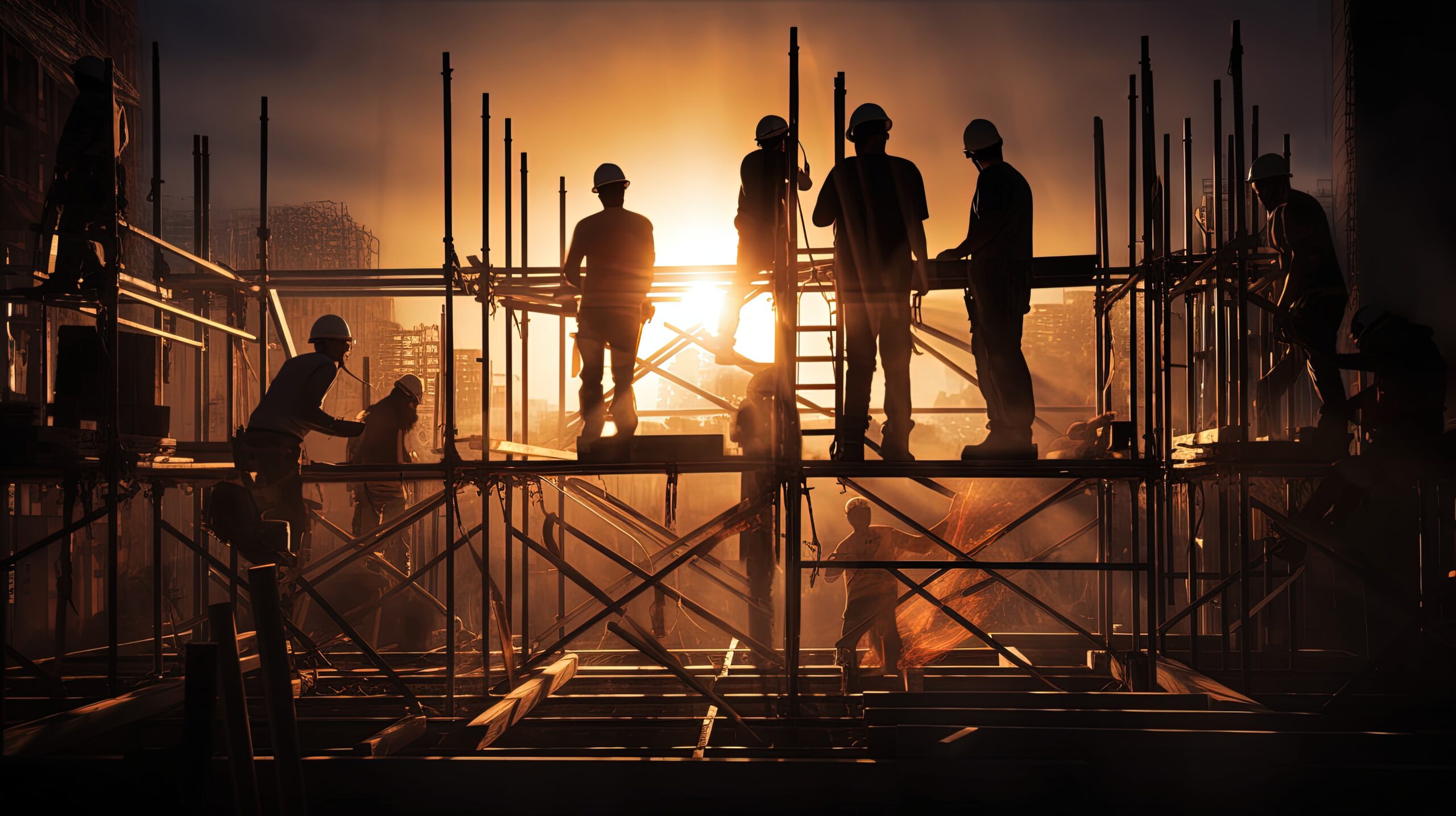 Workers on scaffolding silhouetted by light at construction site Workers on scaffolding silhouetted by light at construction site